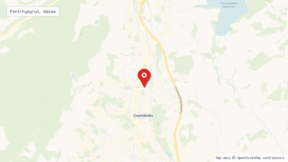 Street map of Pontrhydyrun, Wales with location pin