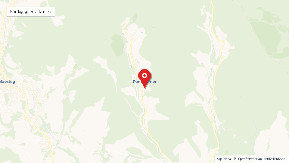 Street map of Pontycymer, Wales with location pin