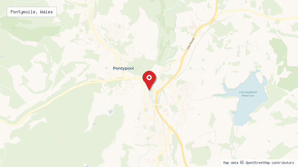 Street map of Pontymoile, Wales with location pin