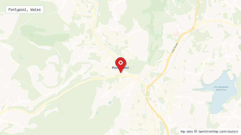 Street map of Pontypool, Wales with location pin