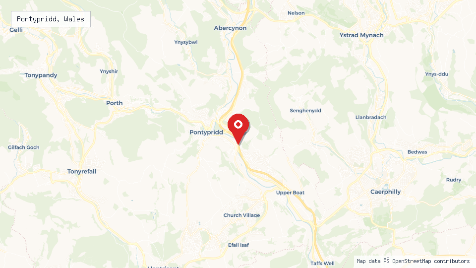 Street map of Pontypridd, Wales with location pin