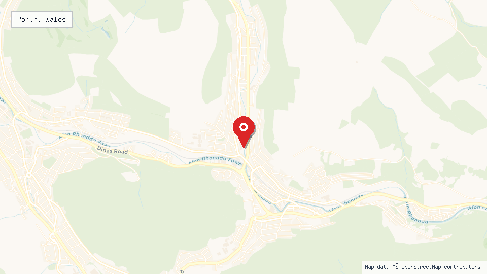 Street map of Porth, Wales with location pin