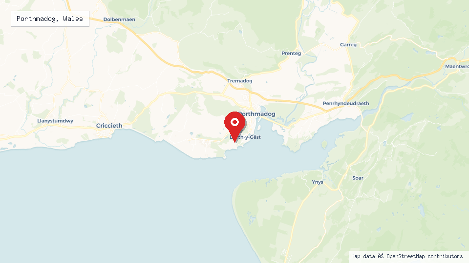 Street map of Porthmadog, Wales with location pin