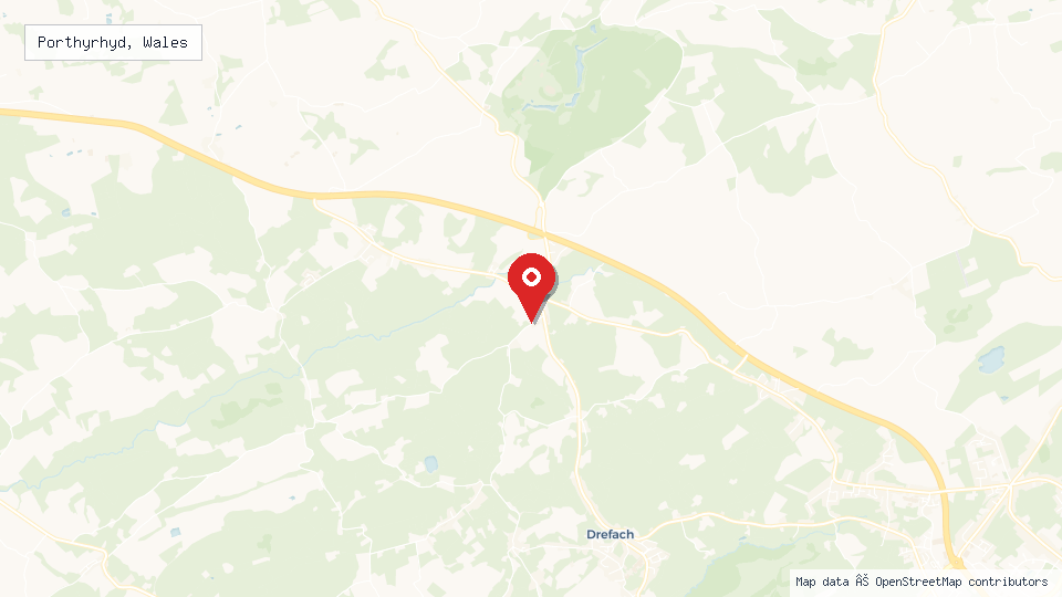 Street map of Porthyrhyd, Wales with location pin