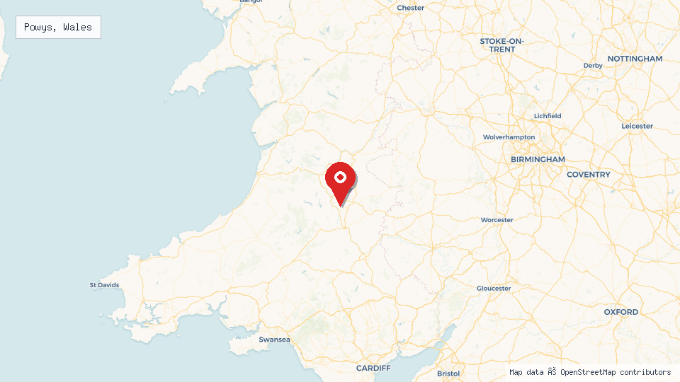 Street map of Powys, Wales with location pin
