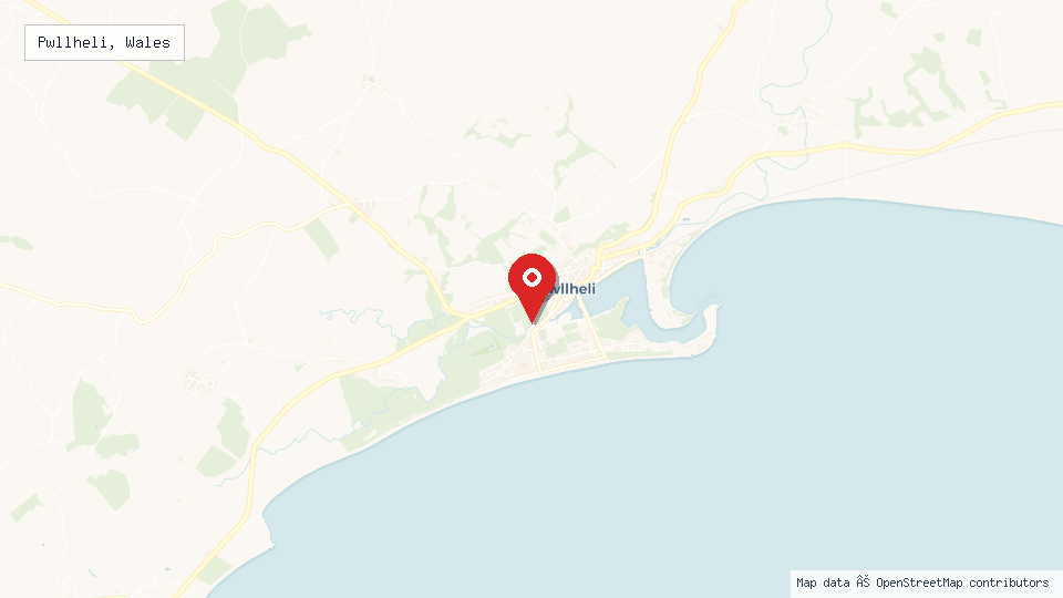 Street map of Pwllheli, Wales with location pin