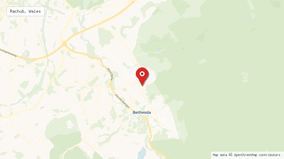 Street map of Rachub, Wales with location pin
