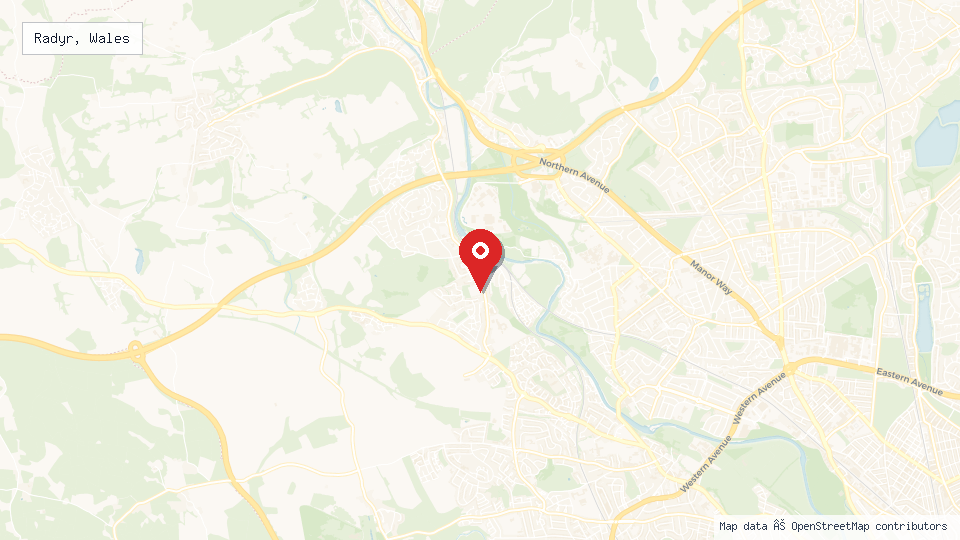 Street map of Radyr, Wales with location pin