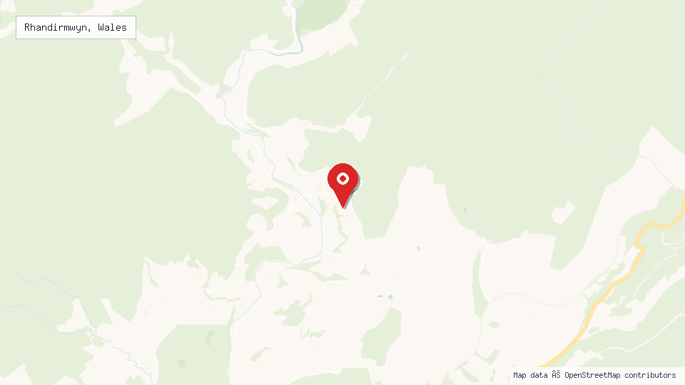 Street map of Rhandirmwyn, Wales with location pin