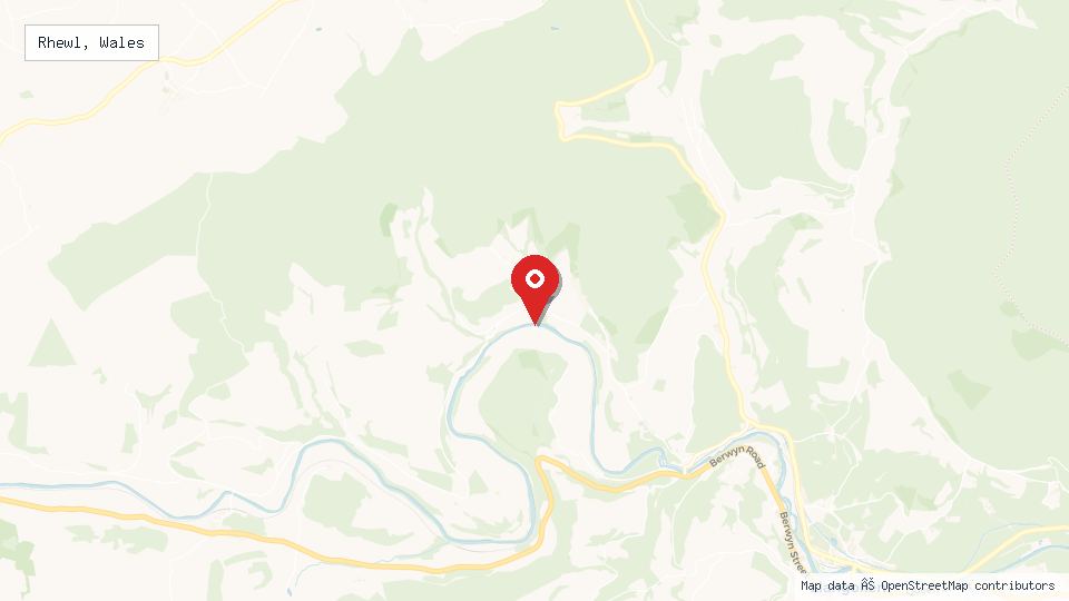 Street map of Rhewl, Wales with location pin