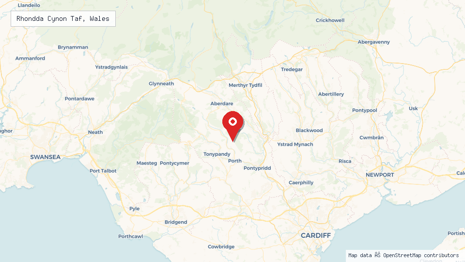 Street map of Rhondda Cynon Taf, Wales with location pin