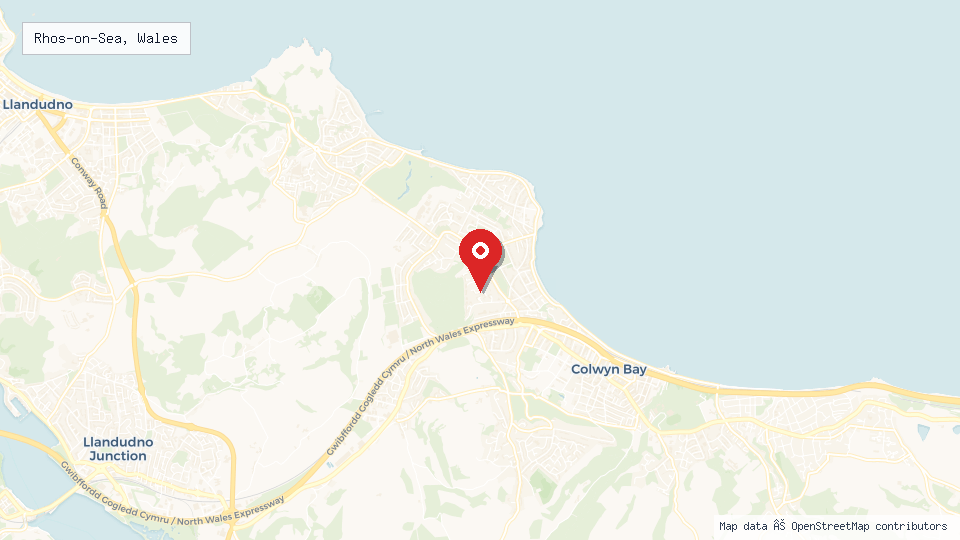 Street map of Rhos-on-Sea, Wales with location pin