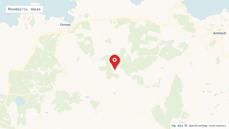 Street map of Rhosbeirio, Wales with location pin