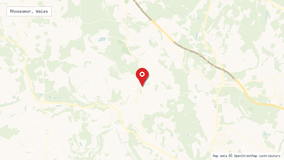 Street map of Rhosesmor, Wales with location pin