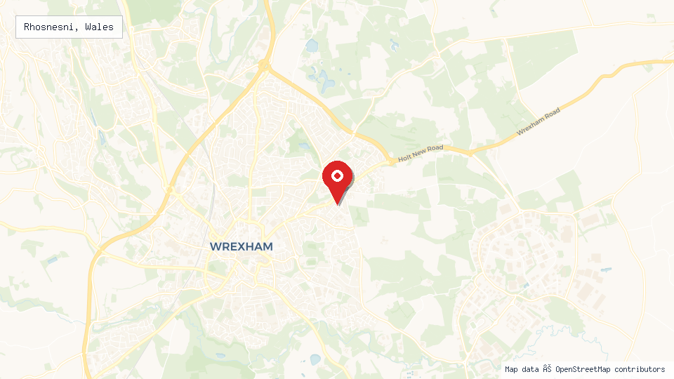 Street map of Rhosnesni, Wales with location pin