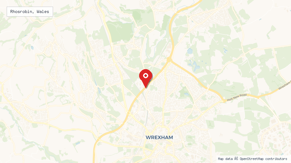 Street map of Rhosrobin, Wales with location pin