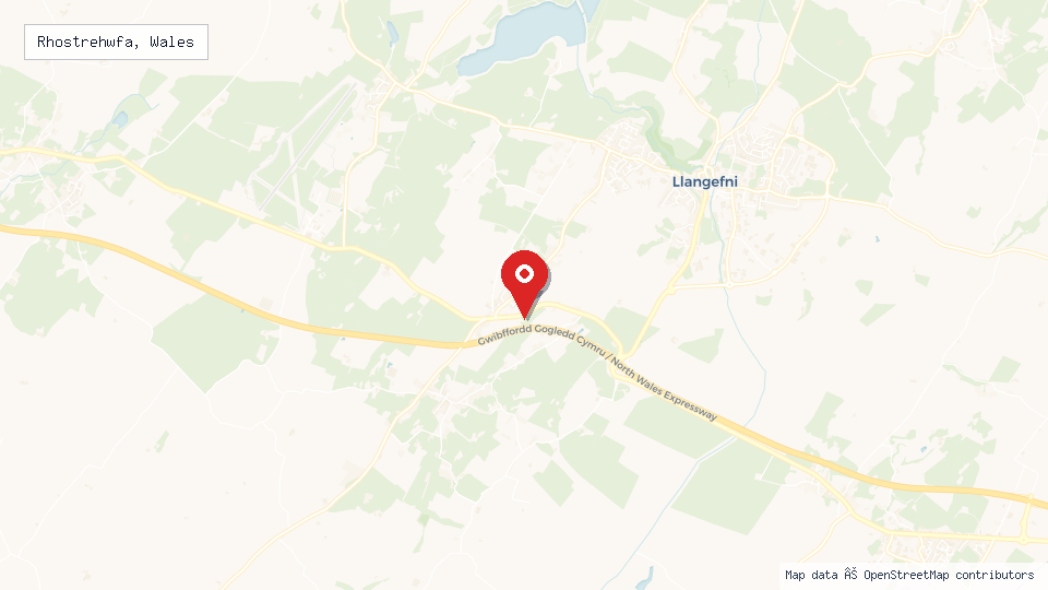 Street map of Rhostrehwfa, Wales with location pin