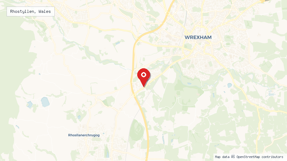 Street map of Rhostyllen, Wales with location pin