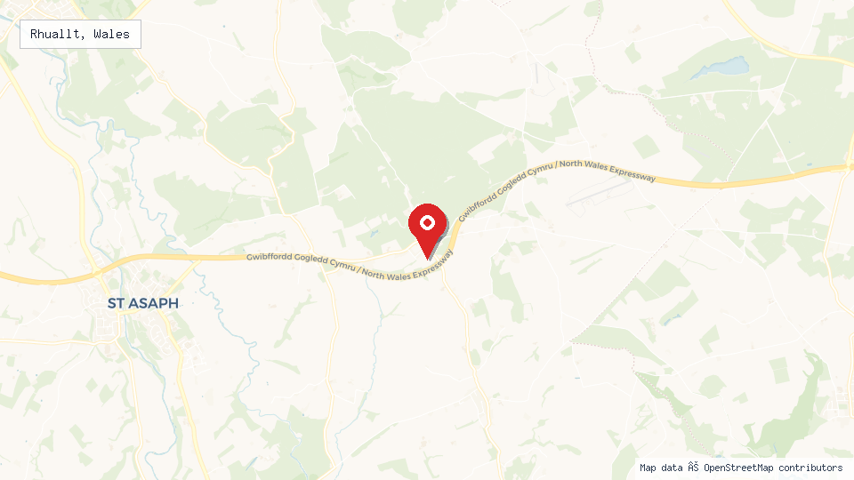 Street map of Rhuallt, Wales with location pin