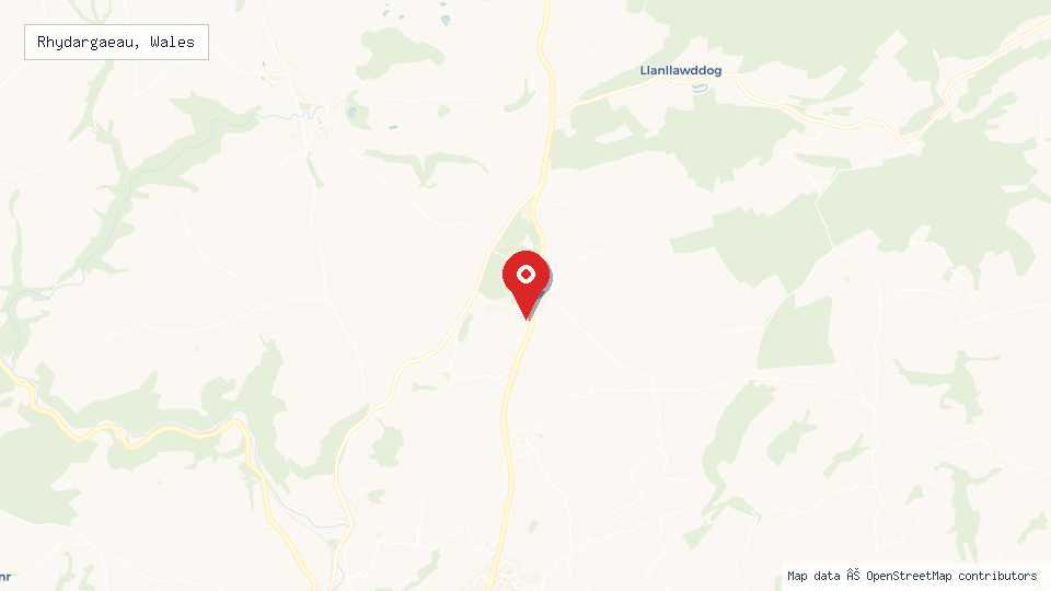 Street map of Rhydargaeau, Wales with location pin