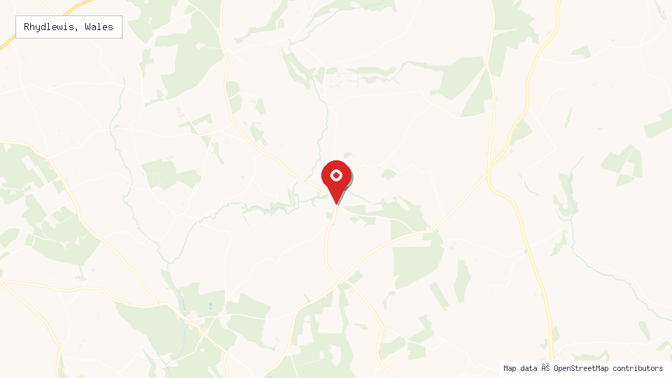 Street map of Rhydlewis, Wales with location pin