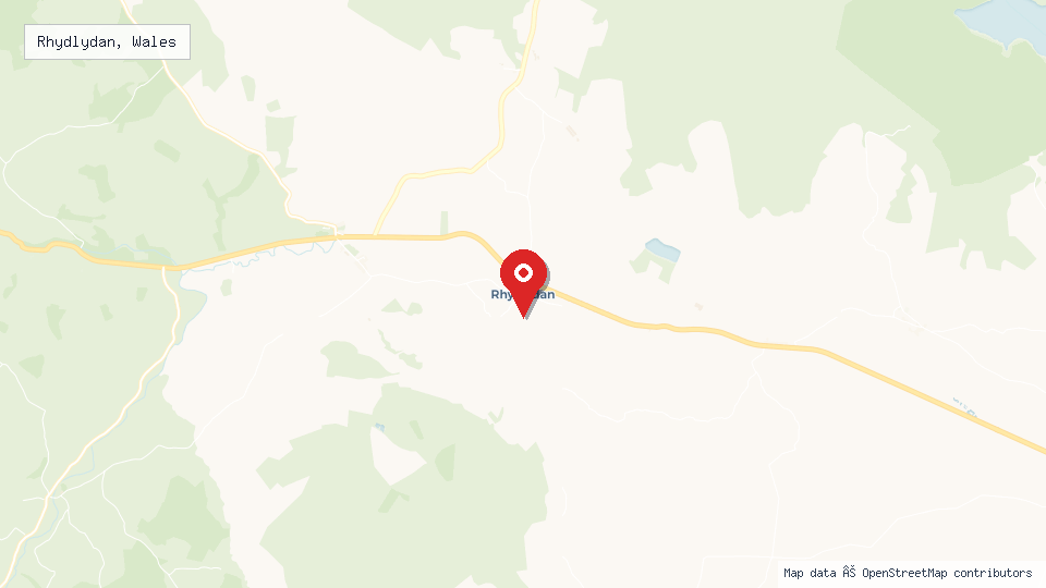 Street map of Rhydlydan, Wales with location pin