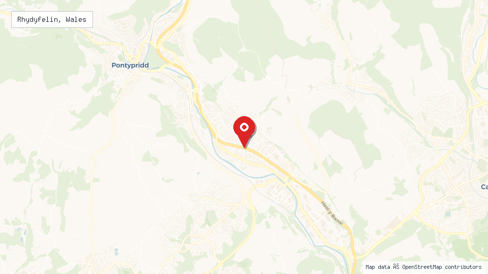 Street map of Rhydyfelin, Wales with location pin