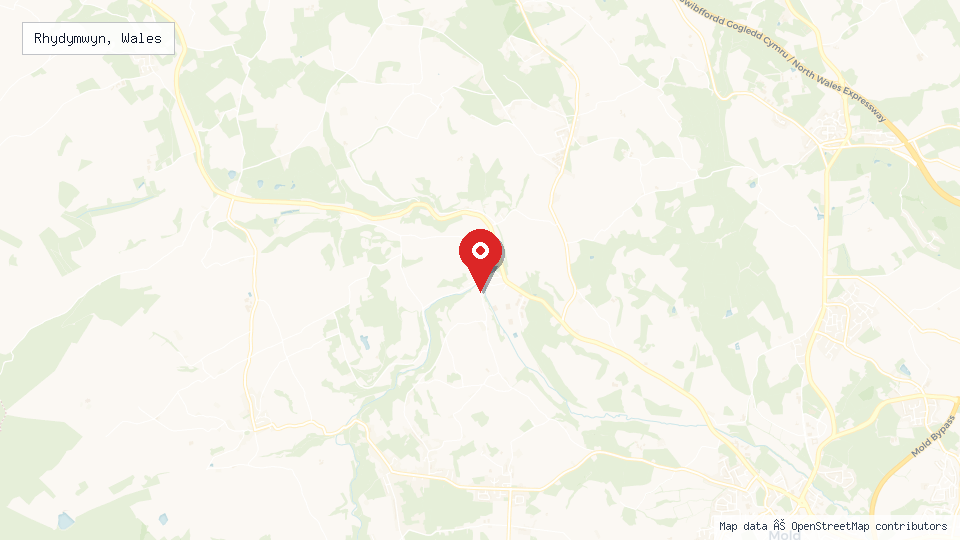 Street map of Rhydymwyn, Wales with location pin