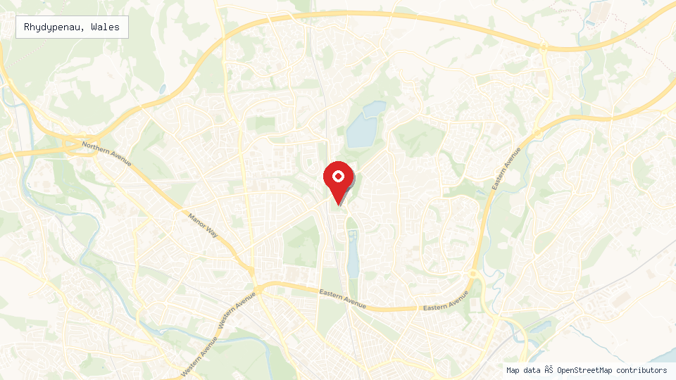 Street map of Rhydypenau, Wales with location pin