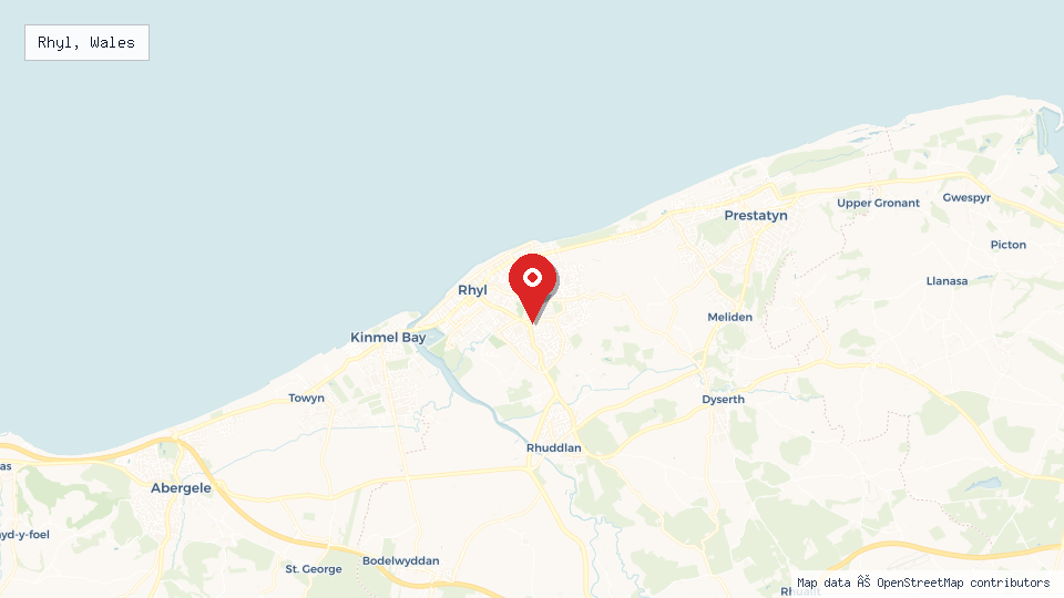Street map of Rhyl, Wales with location pin