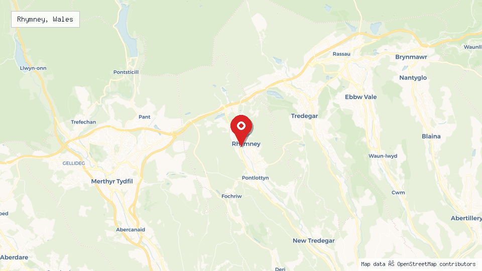 Street map of Rhymney, Wales with location pin