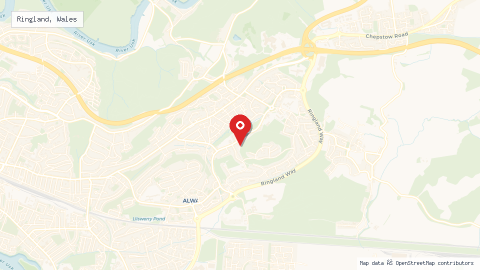 Street map of Ringland, Wales with location pin