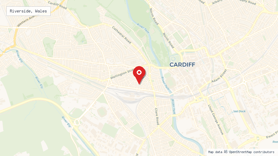 Street map of Riverside, Wales with location pin