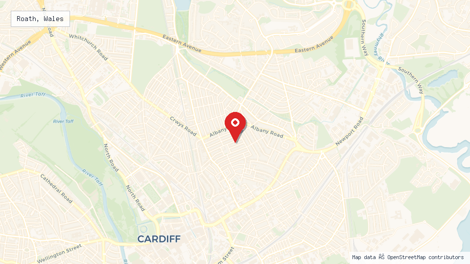 Street map of Roath, Wales with location pin