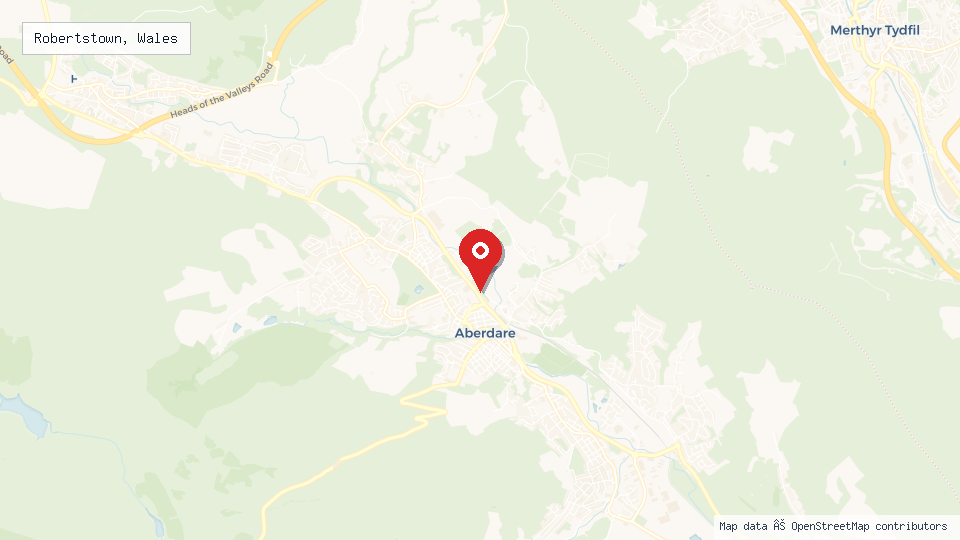 Street map of Robertstown, Wales with location pin