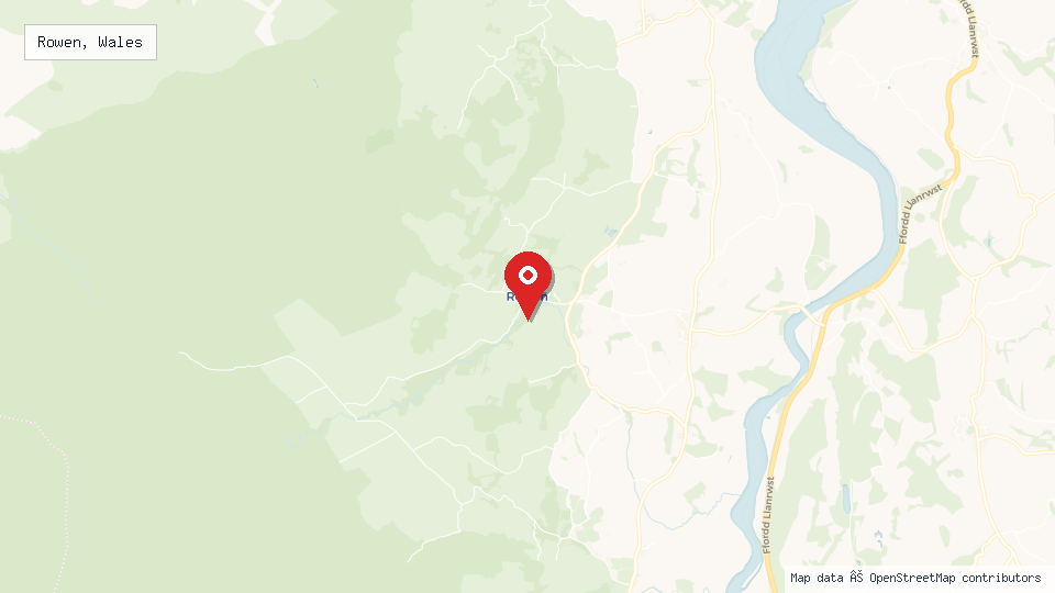 Street map of Rowen, Wales with location pin