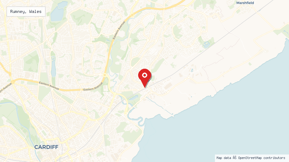 Street map of Rumney, Wales with location pin