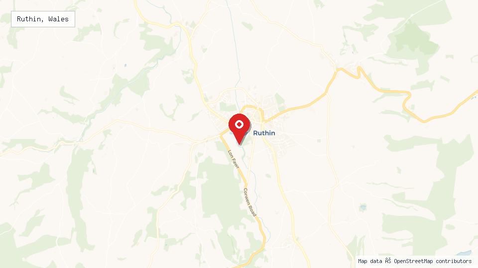 Street map of Ruthin, Wales with location pin