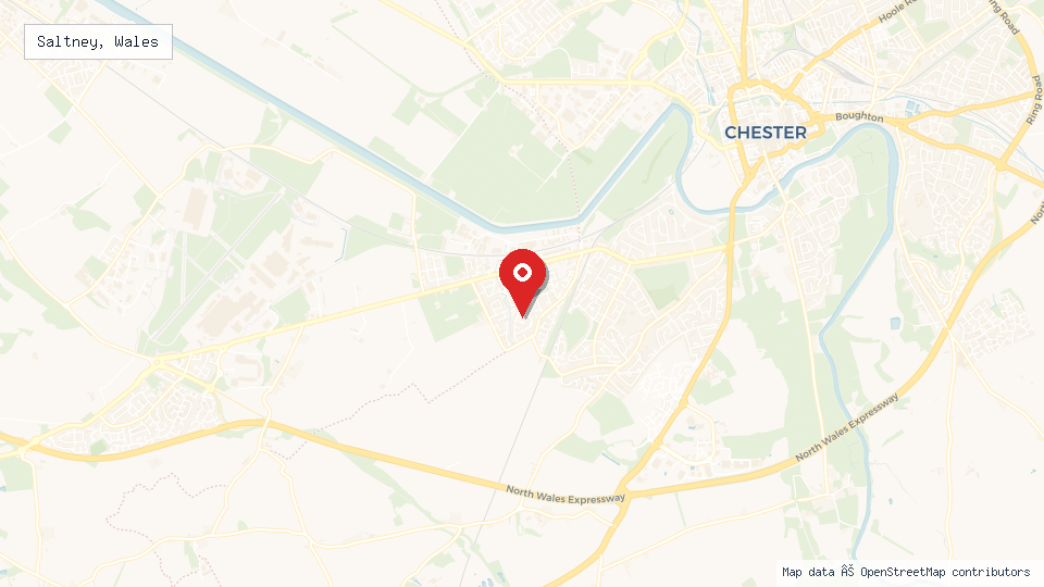 Street map of Saltney, Wales with location pin