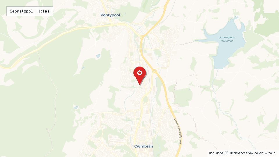 Street map of Sebastopol, Wales with location pin
