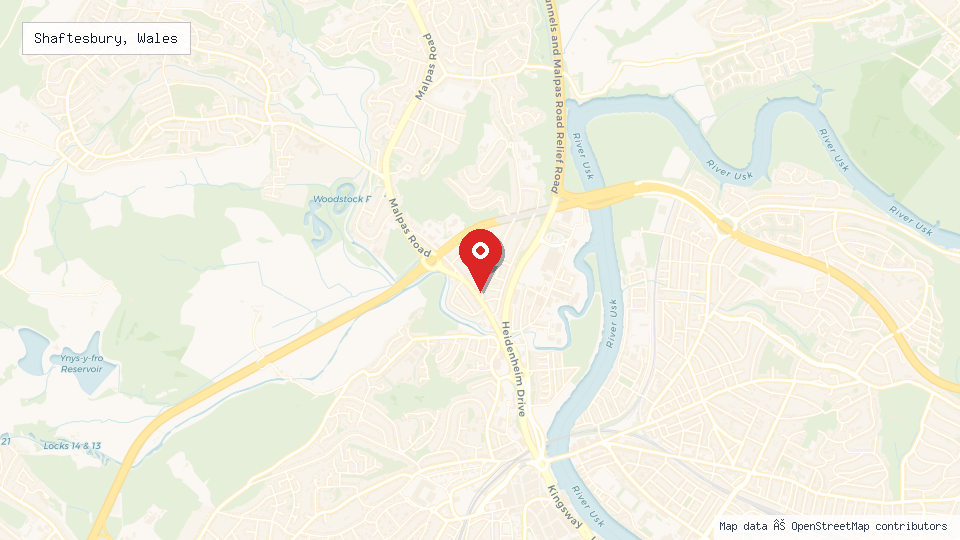Street map of Shaftesbury, Wales with location pin