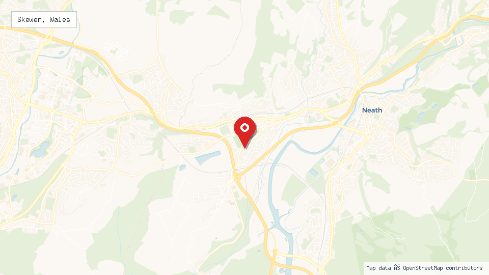 Street map of Skewen, Wales with location pin
