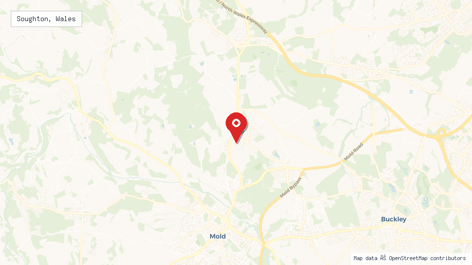 Street map of Soughton, Wales with location pin