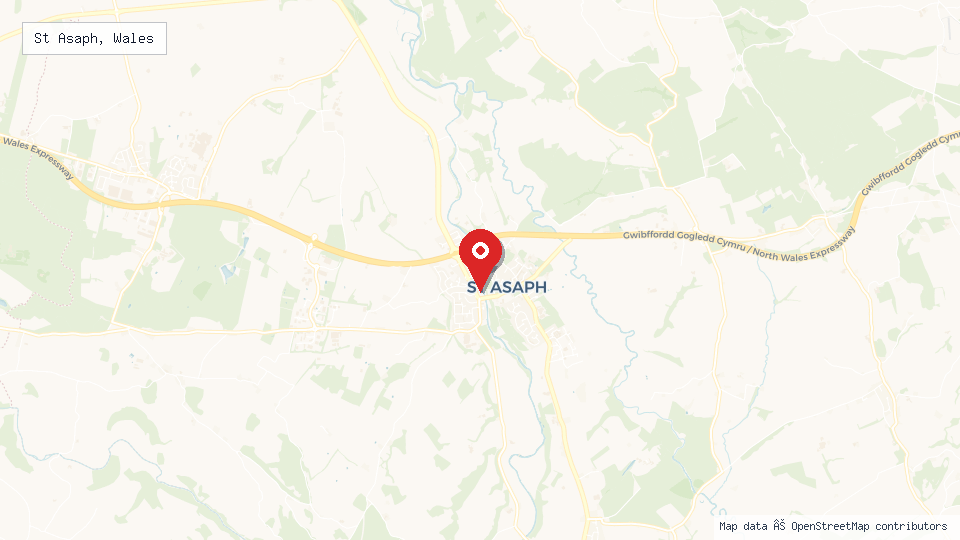 Street map of St Asaph, Wales with location pin