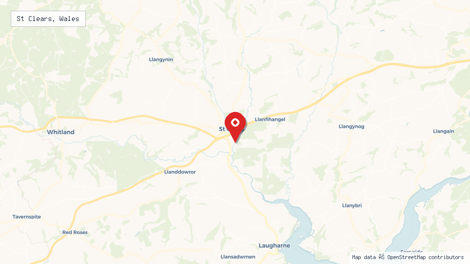 Street map of St Clears, Wales with location pin