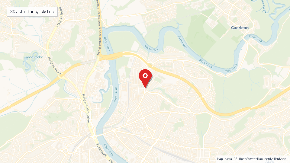 Street map of St. Julians, Wales with location pin