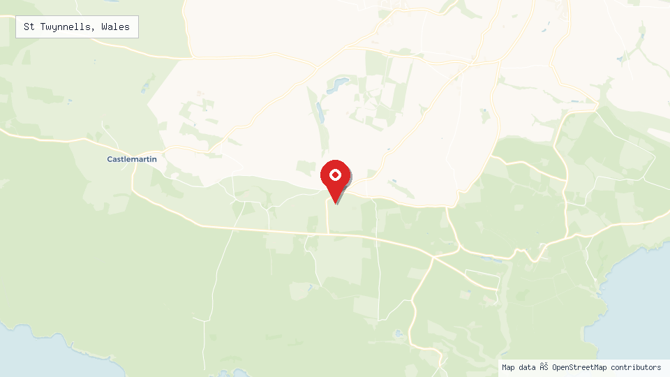 Street map of St Twynnells, Wales with location pin