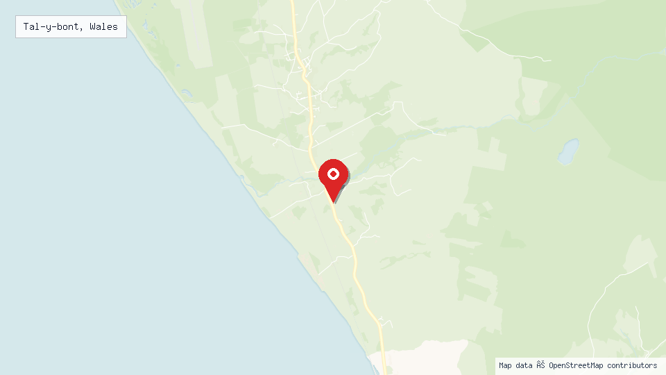 Street map of Tal-y-bont, Wales with location pin