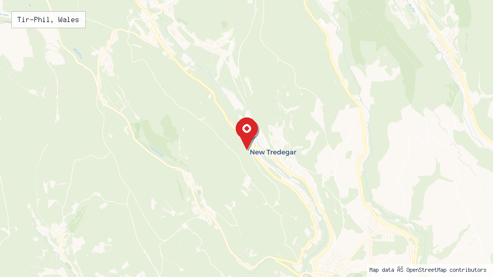 Street map of Tir-Phil, Wales with location pin