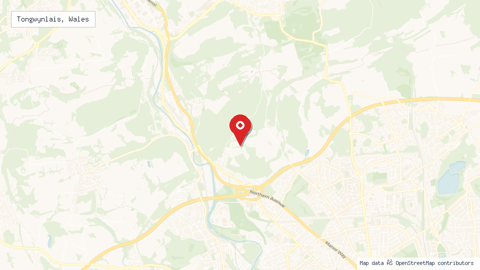 Street map of Tongwynlais, Wales with location pin